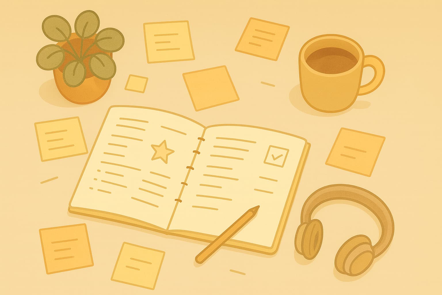 A beautifully messy workspace with sticky notes and coffee