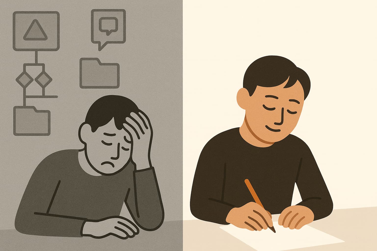 Person navigating through a maze of folders and systems